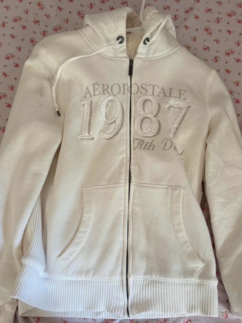 Aeropostale Cream Full-Zip Hoodie Jacket with 1987 Embroidery